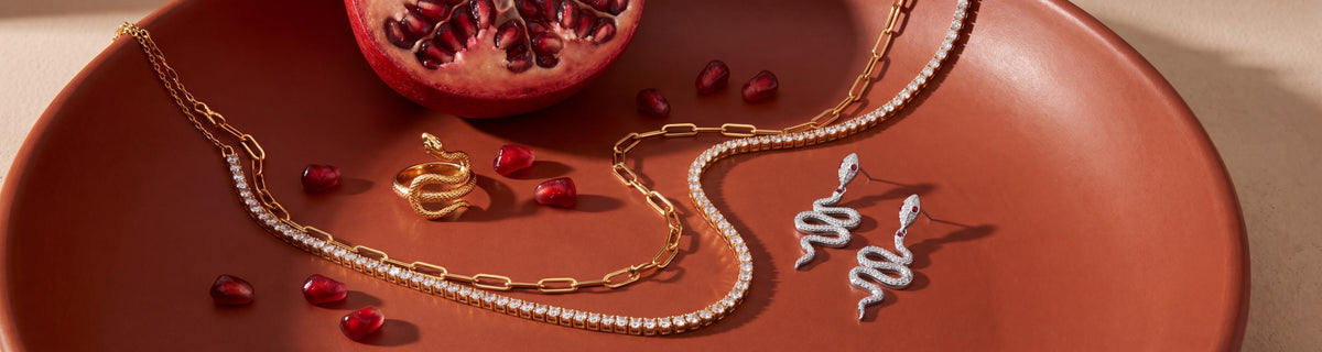 New gold snake ring, snake earring and layered necklaces with pomegranate