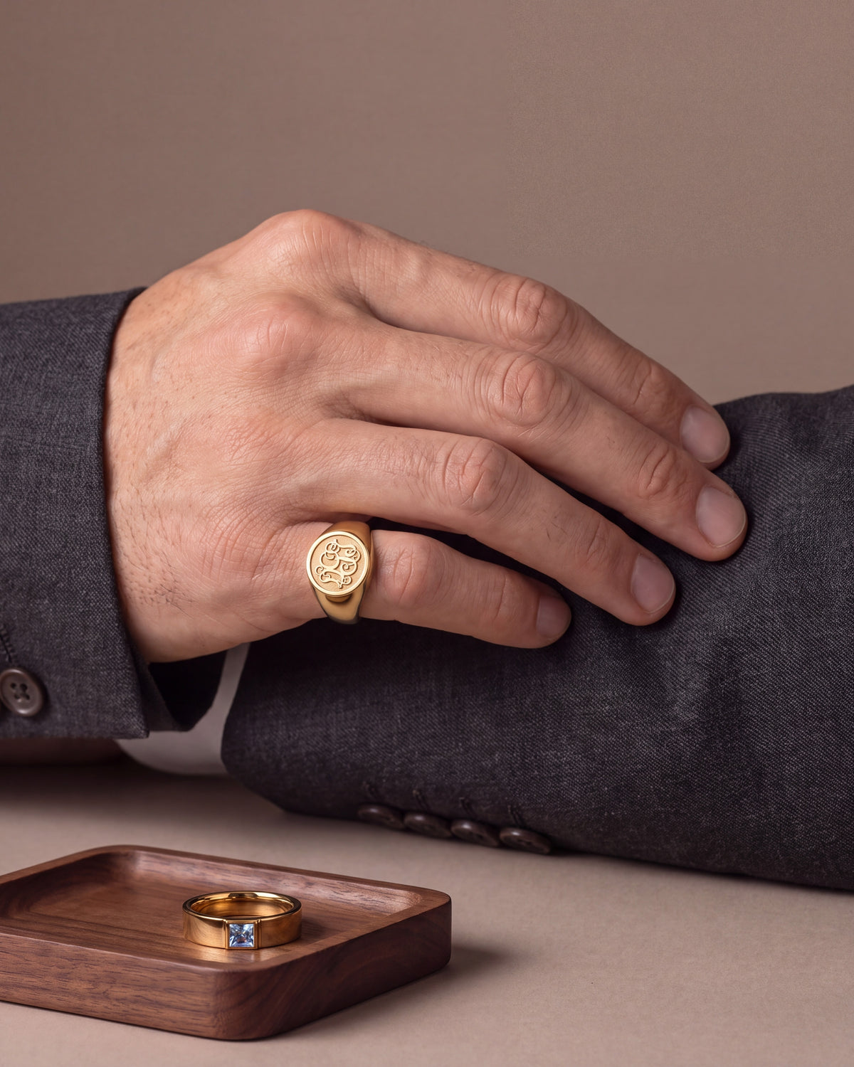 Men's Rings – worn and on a walnut tray