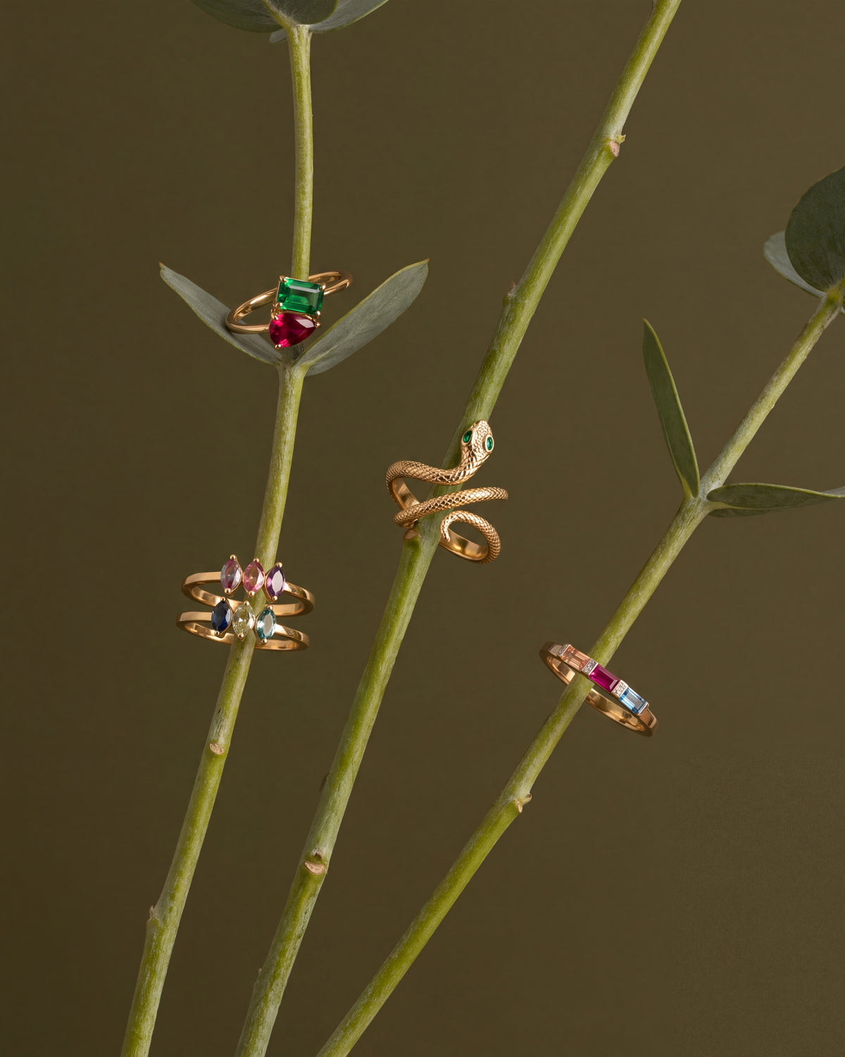 Gold birthstone rings on eucalyptus stems