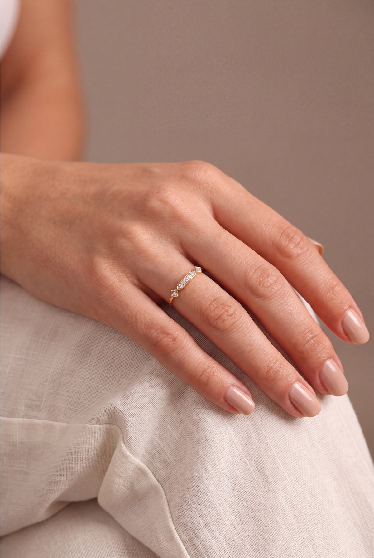Art Deco Stone Bar Ring – on model, second view