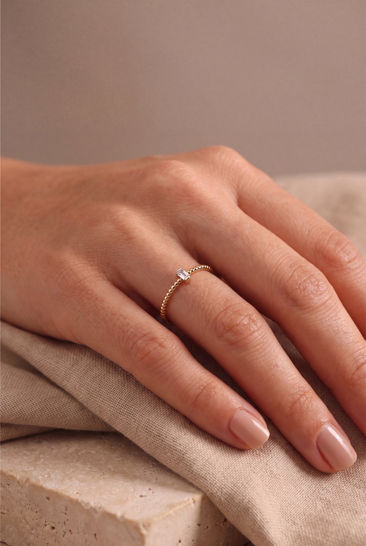 Beaded Band Ring with Baguette Stone – on model