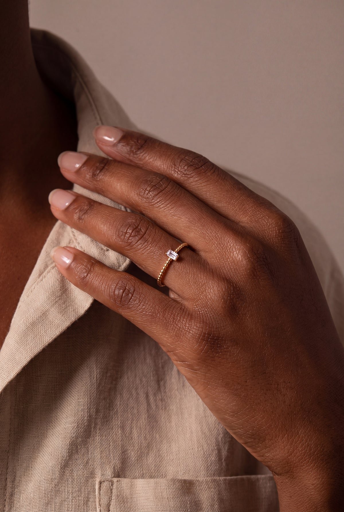 Beaded Band Ring with Baguette Stone – on model, second view