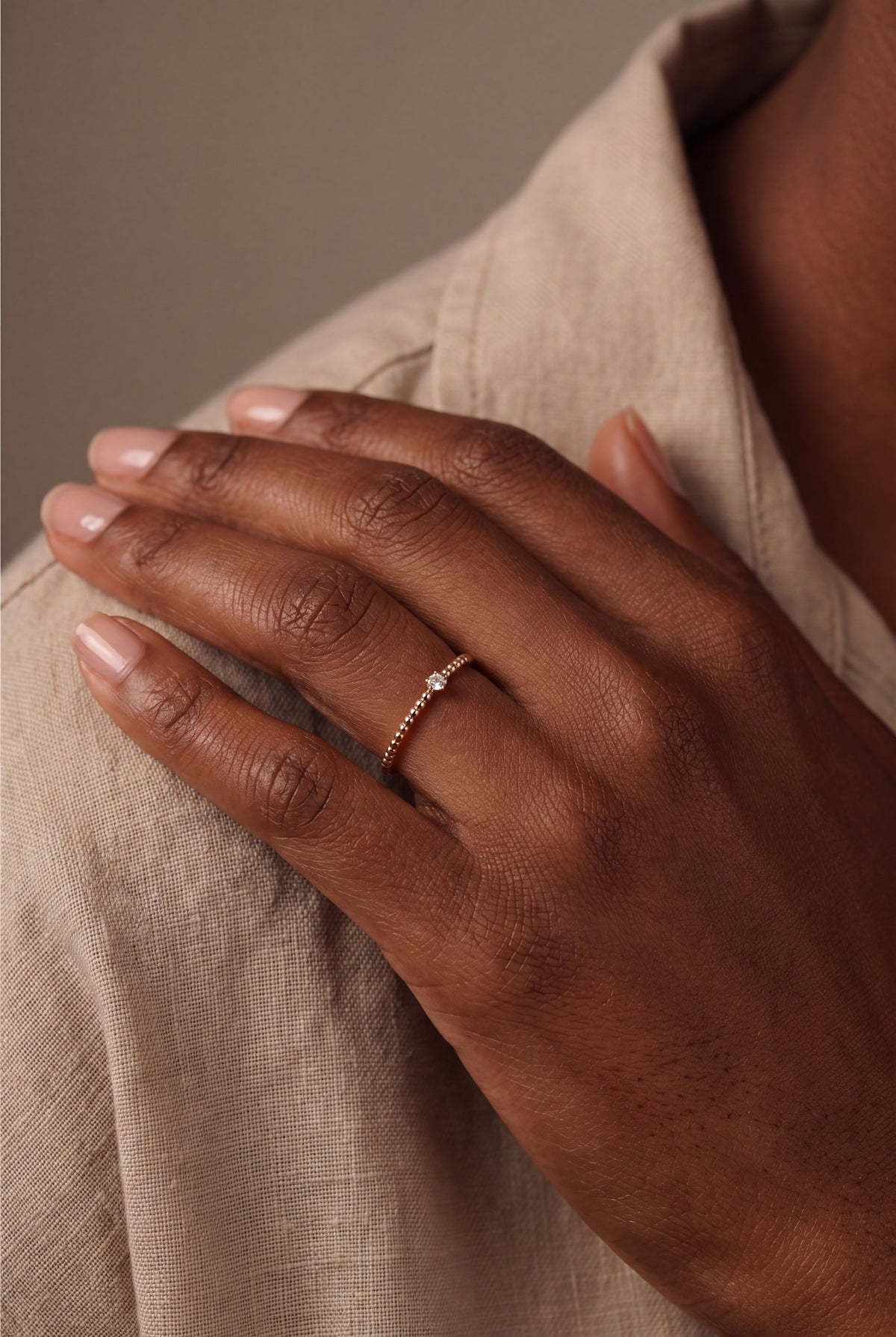 Beaded Band Solitaire Ring – on model, second view