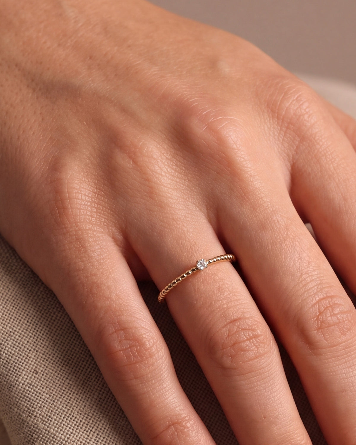 Beaded Band Solitaire Ring – close-up