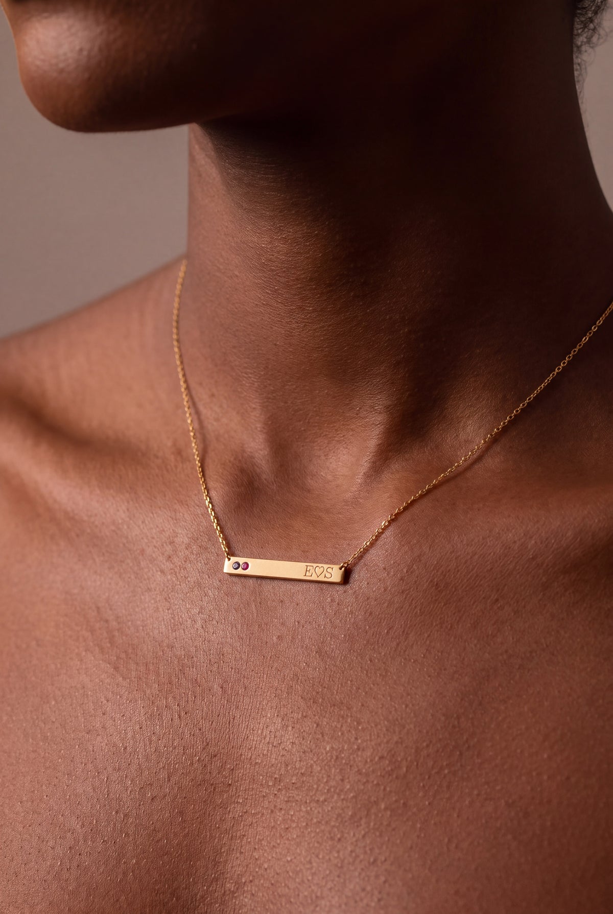 Birthstone Bar Necklace with Initials – on model, second view