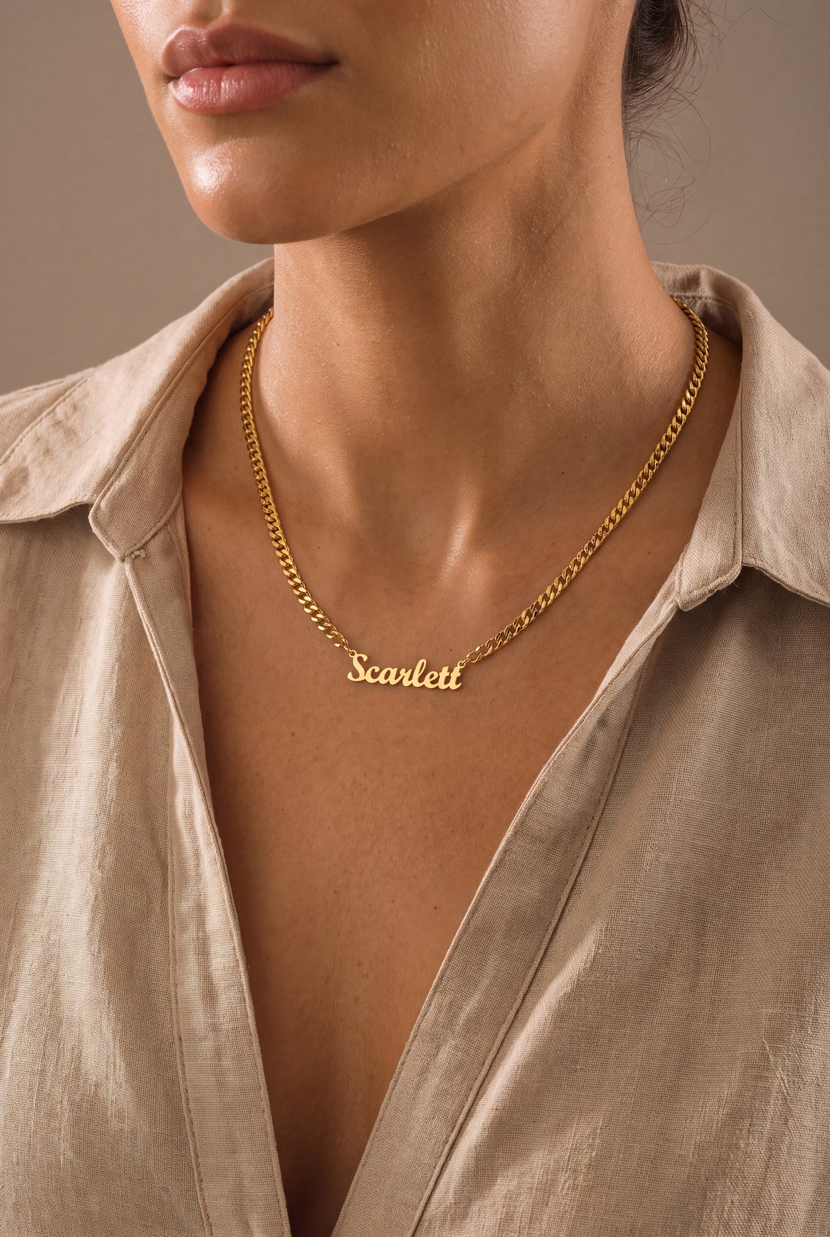 Bold Script Name Necklace on Cuban Chain – on model