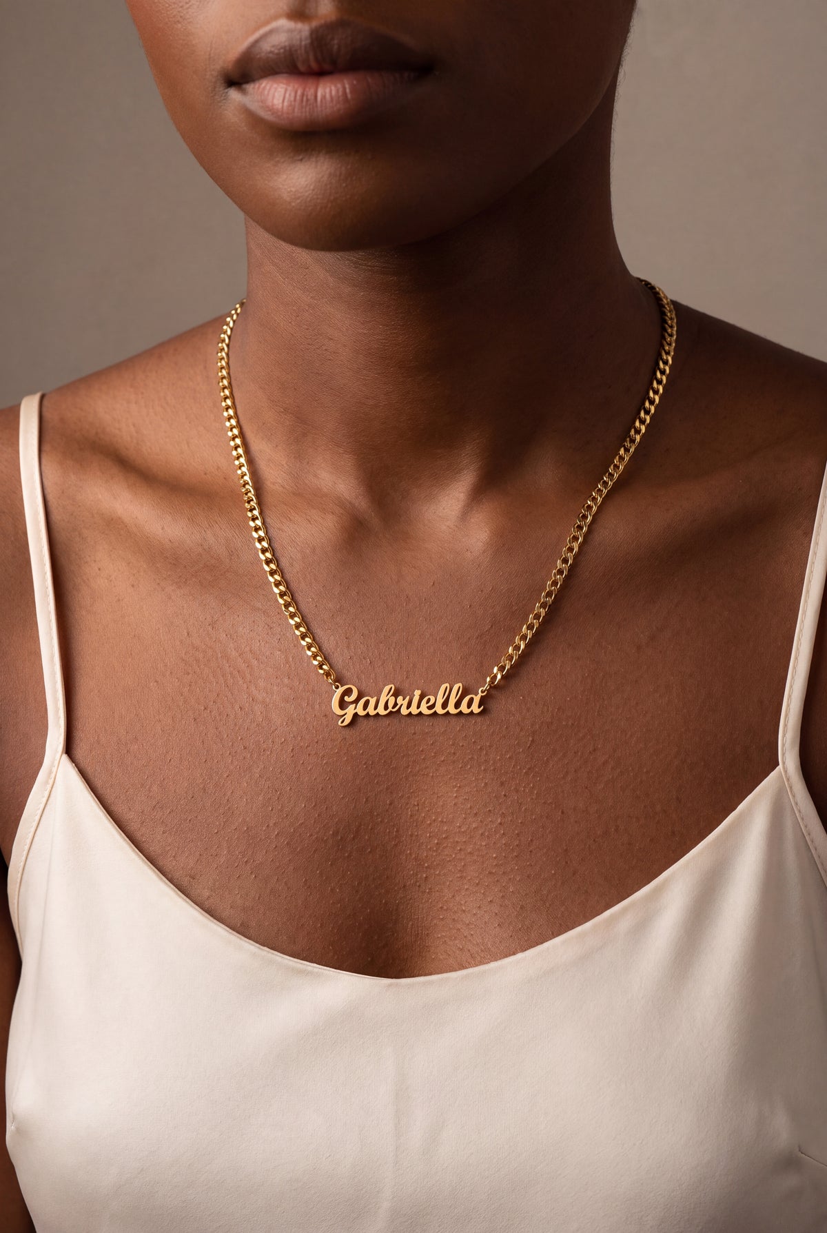 Bold Script Name Necklace on Curb Chain – on model
