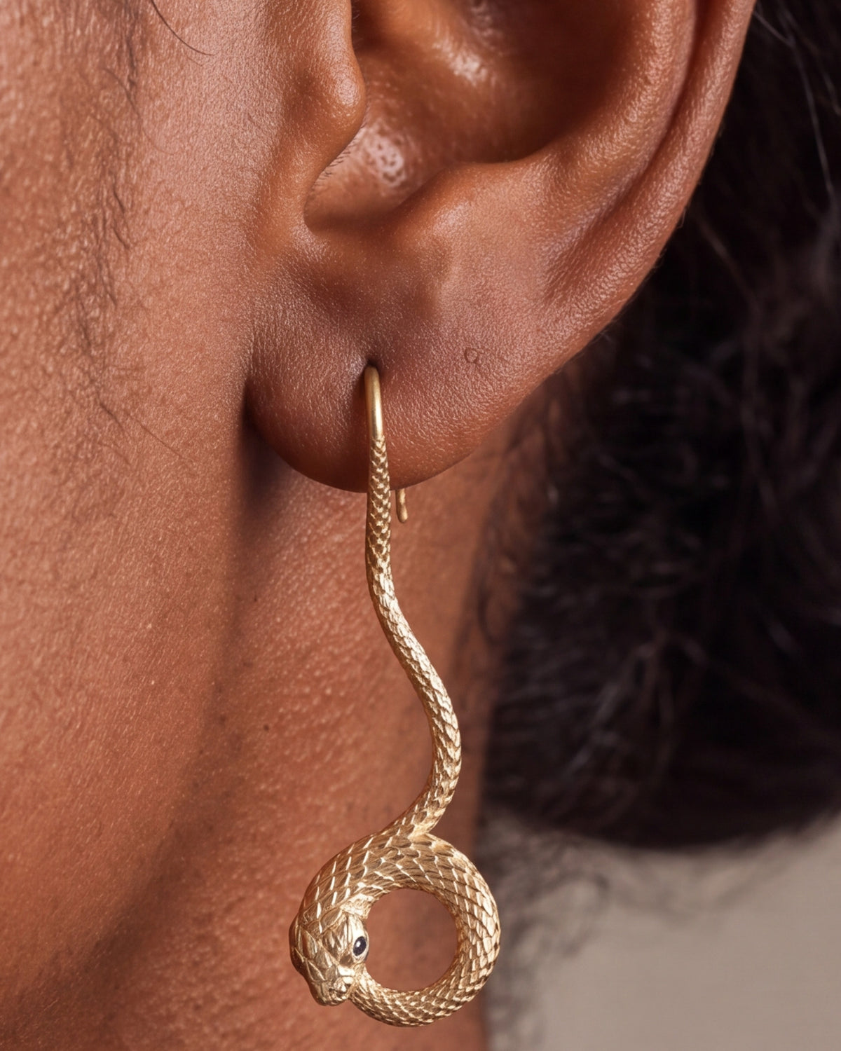 Coiled Snake Drop Earrings – close-up