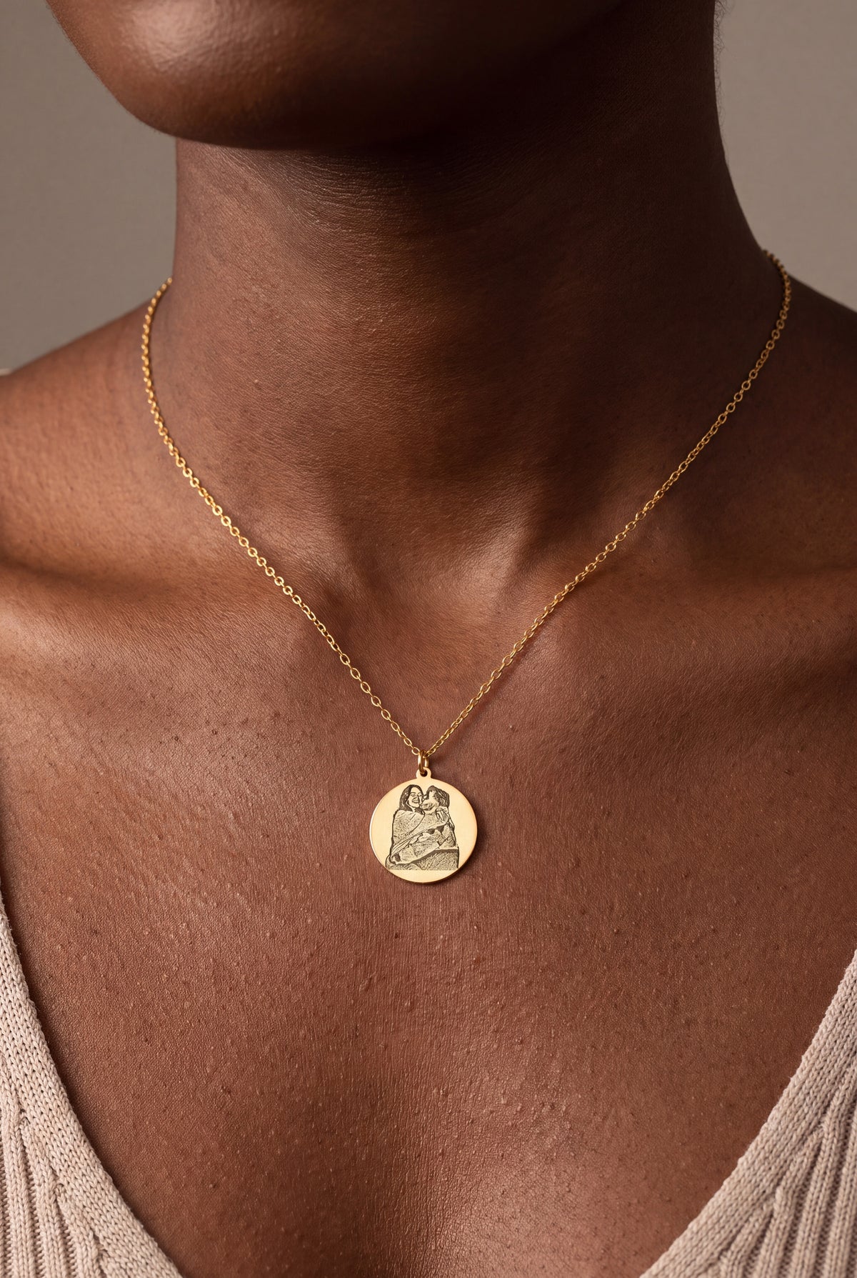 Couple Portrait Disc Necklace – on model, second view