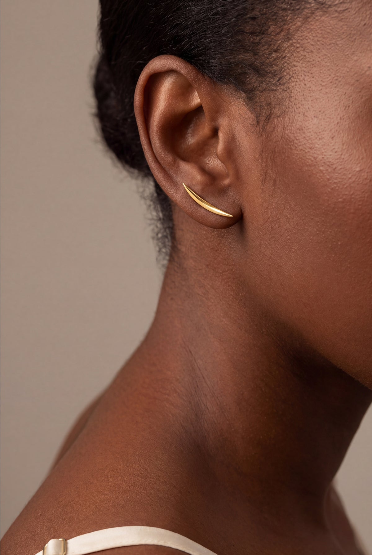 Curved Bar Ear Climber Earrings – on model, second view