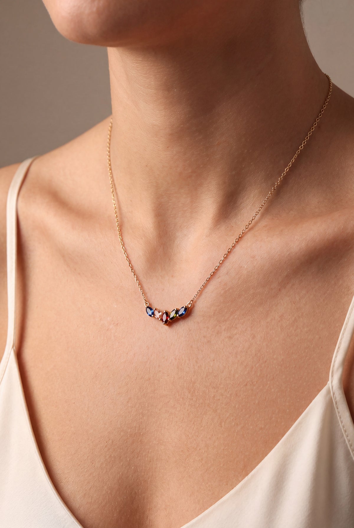 Curved Marquise Birthstone Necklace – on model, second view