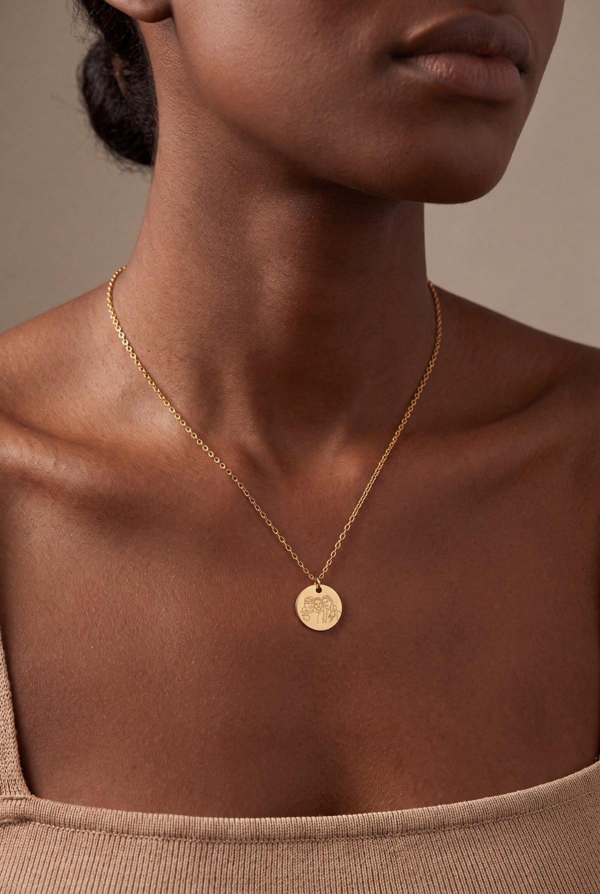Dainty Family Portrait Disc Necklace – on model