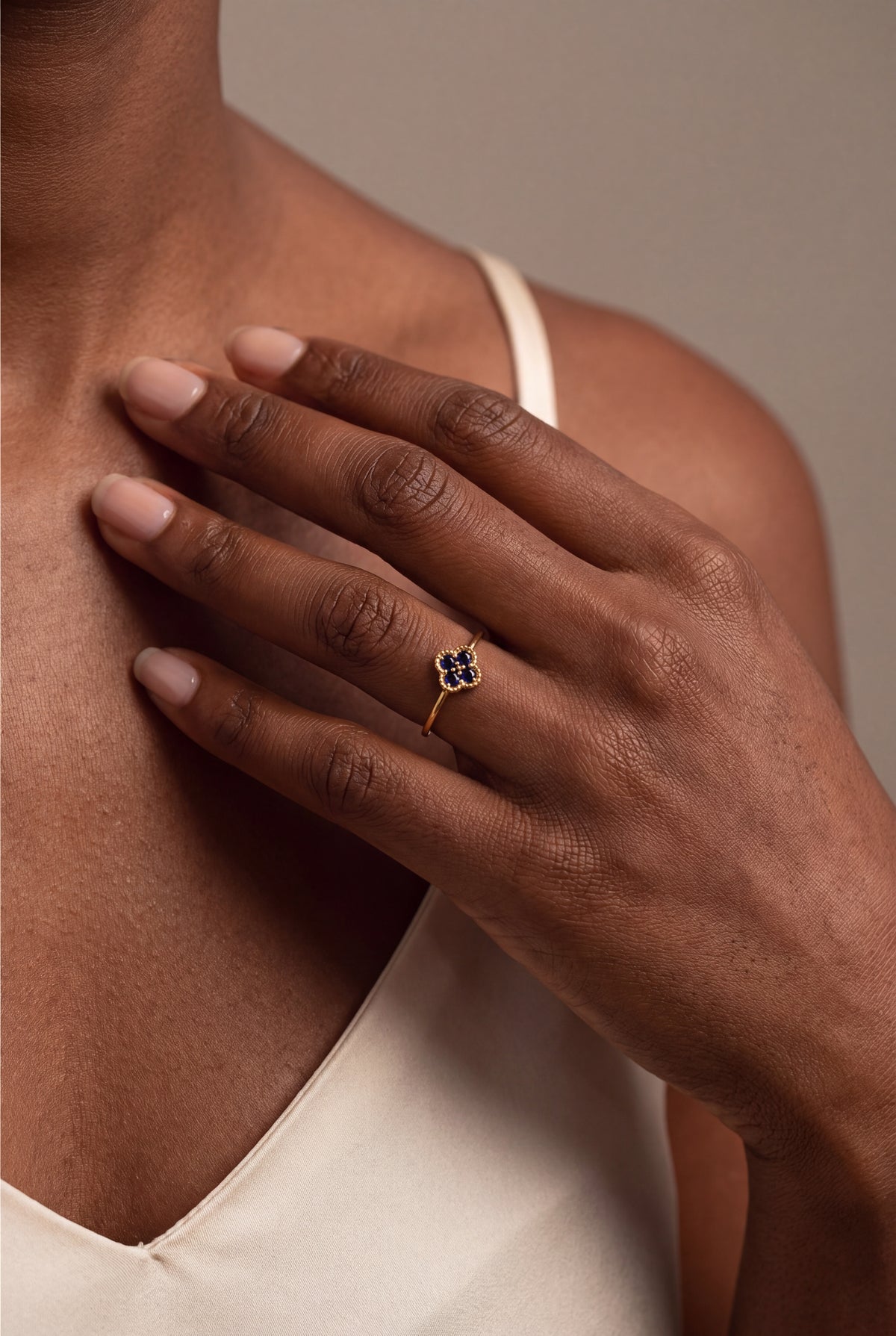 Dark Blue Stone Clover Ring – on model