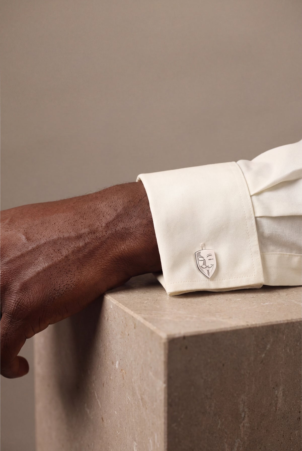 Engraved Mask Shield Cufflinks – on model, second view