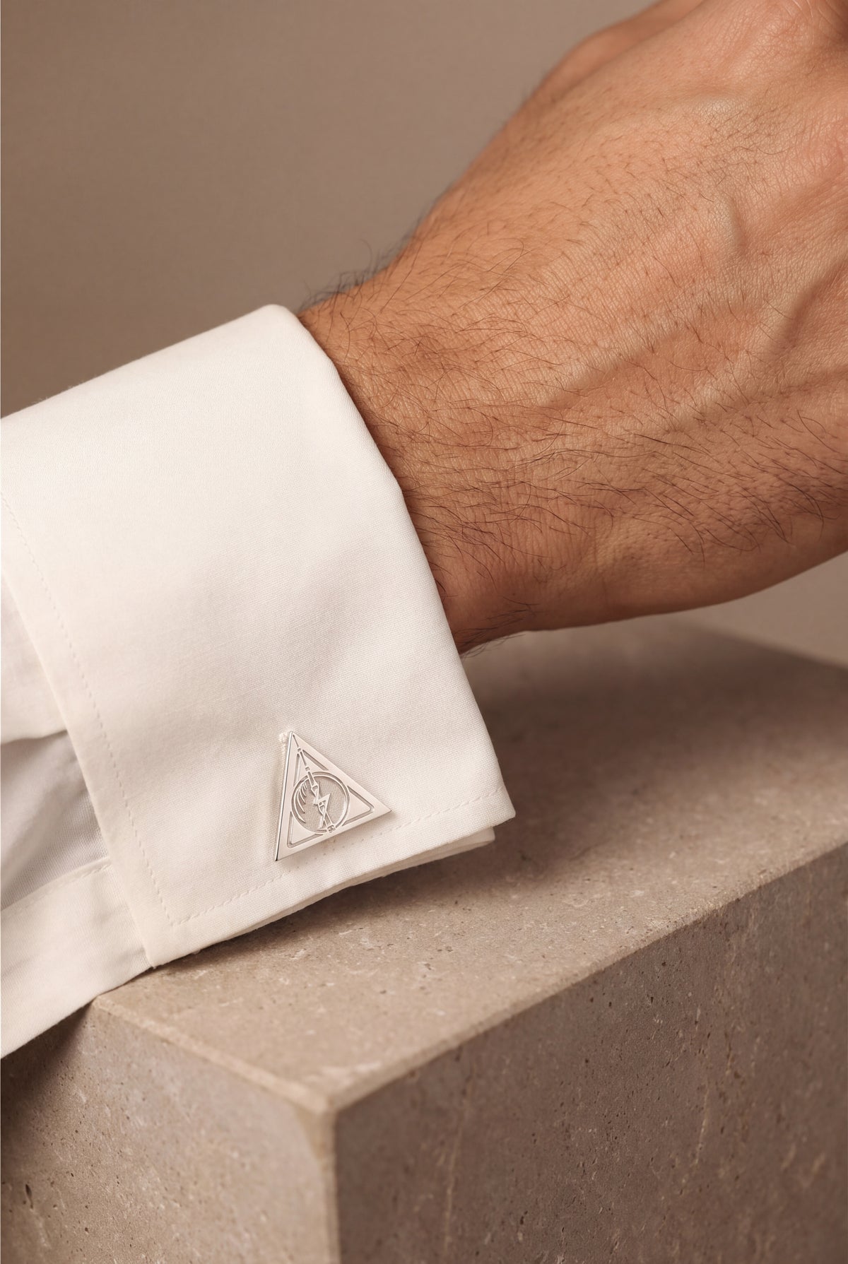 Engraved Triangle Symbol Cufflinks – on model, second view