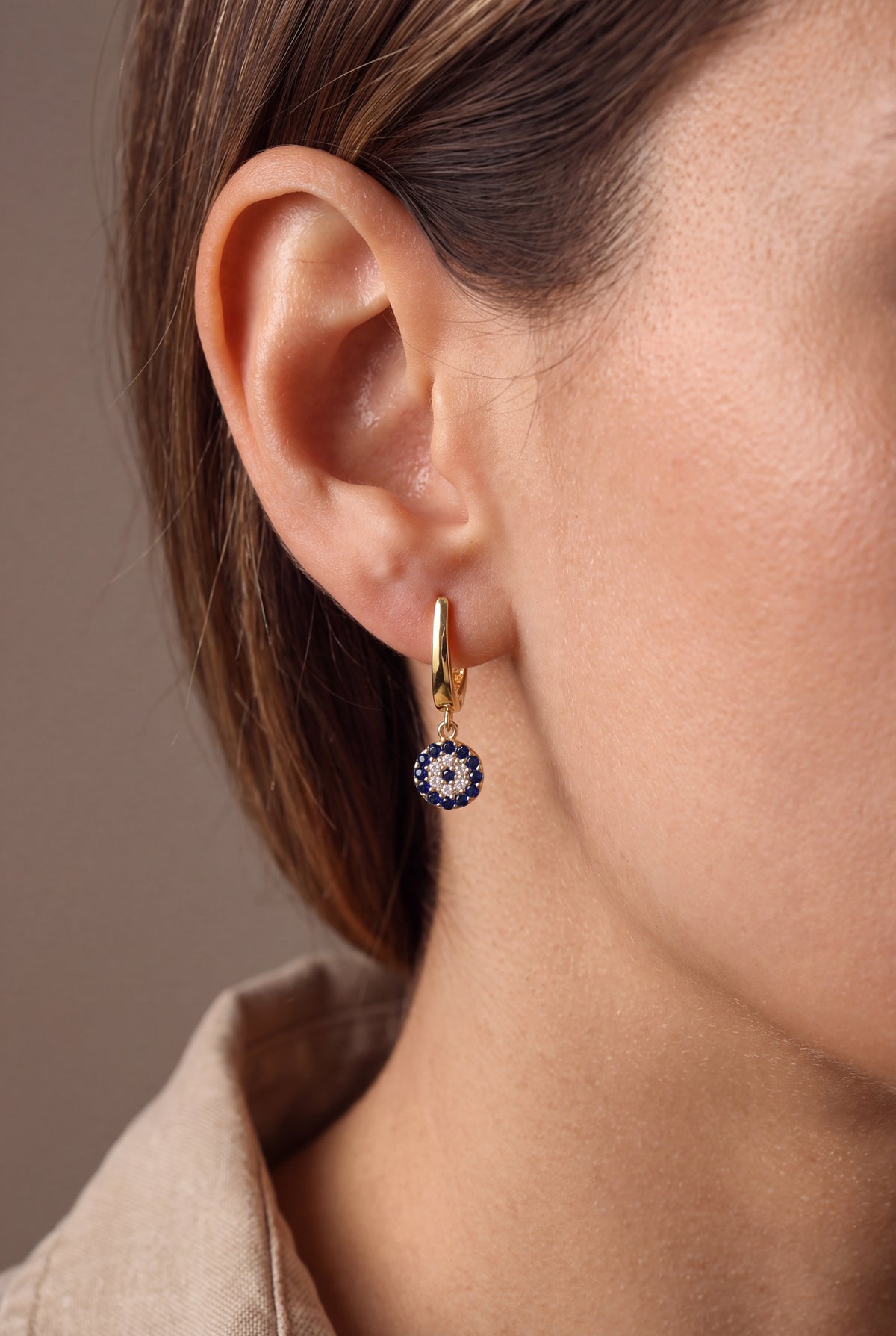 Evil Eye Drop Hoop Earrings – on model