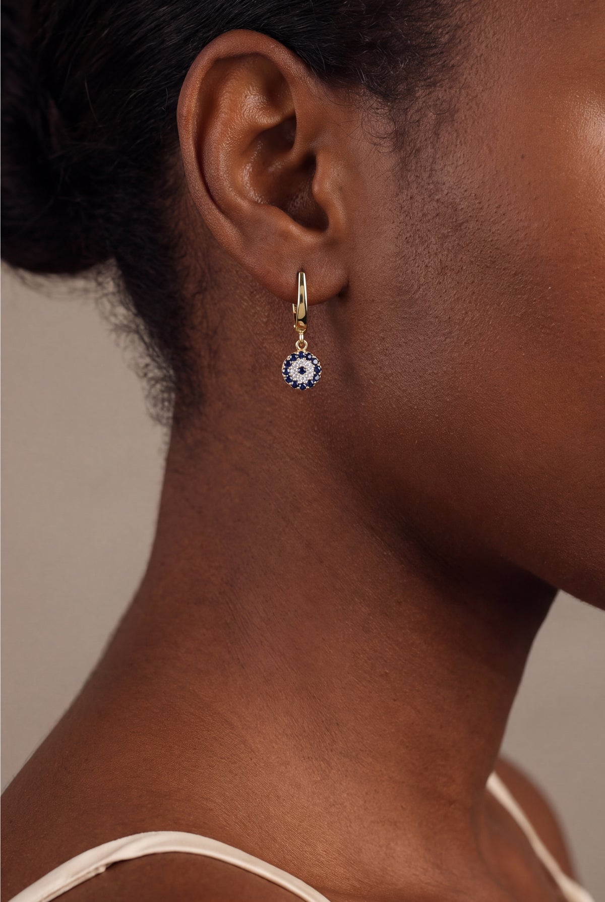 Evil Eye Drop Hoop Earrings – on model, second view
