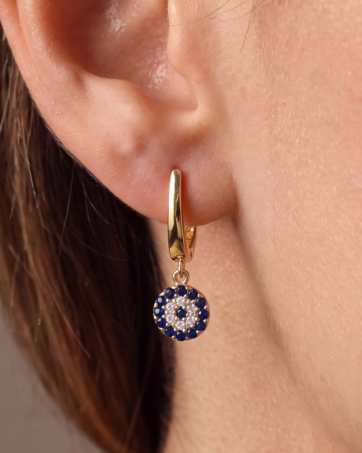 Evil Eye Drop Hoop Earrings – close-up