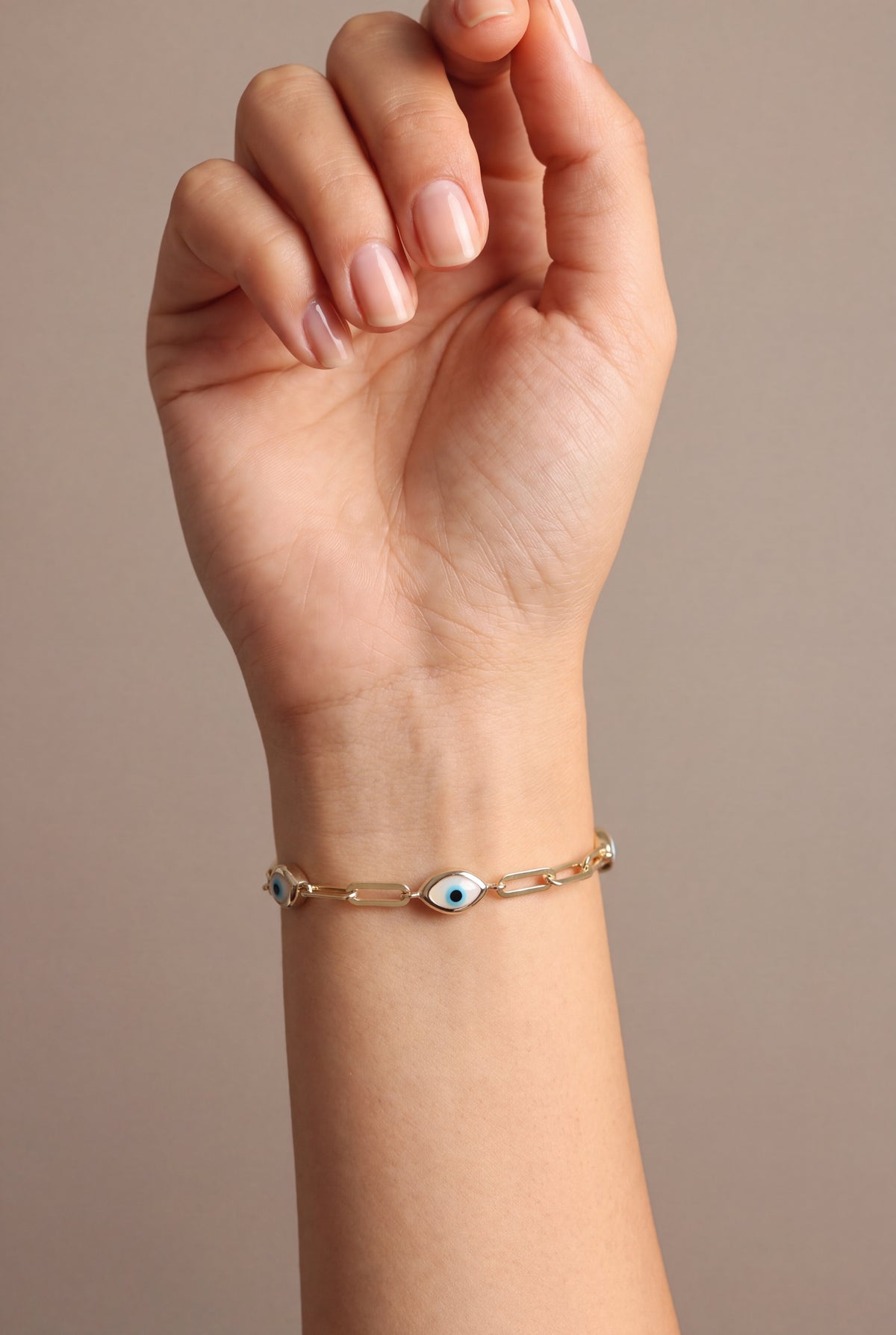 Evil Eye Paperclip Chain Bracelet – on model, second view