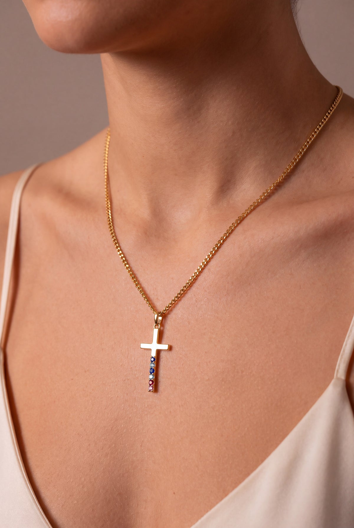 Family Birthstone Cross Necklace – on model, second view