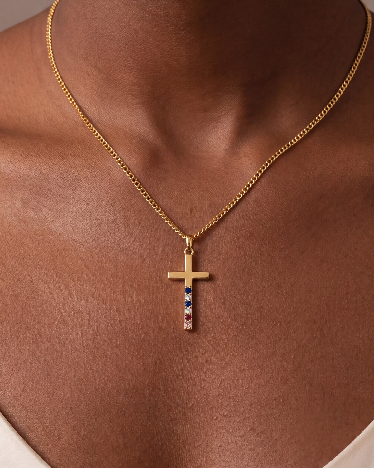 Family Birthstone Cross Necklace – close-up