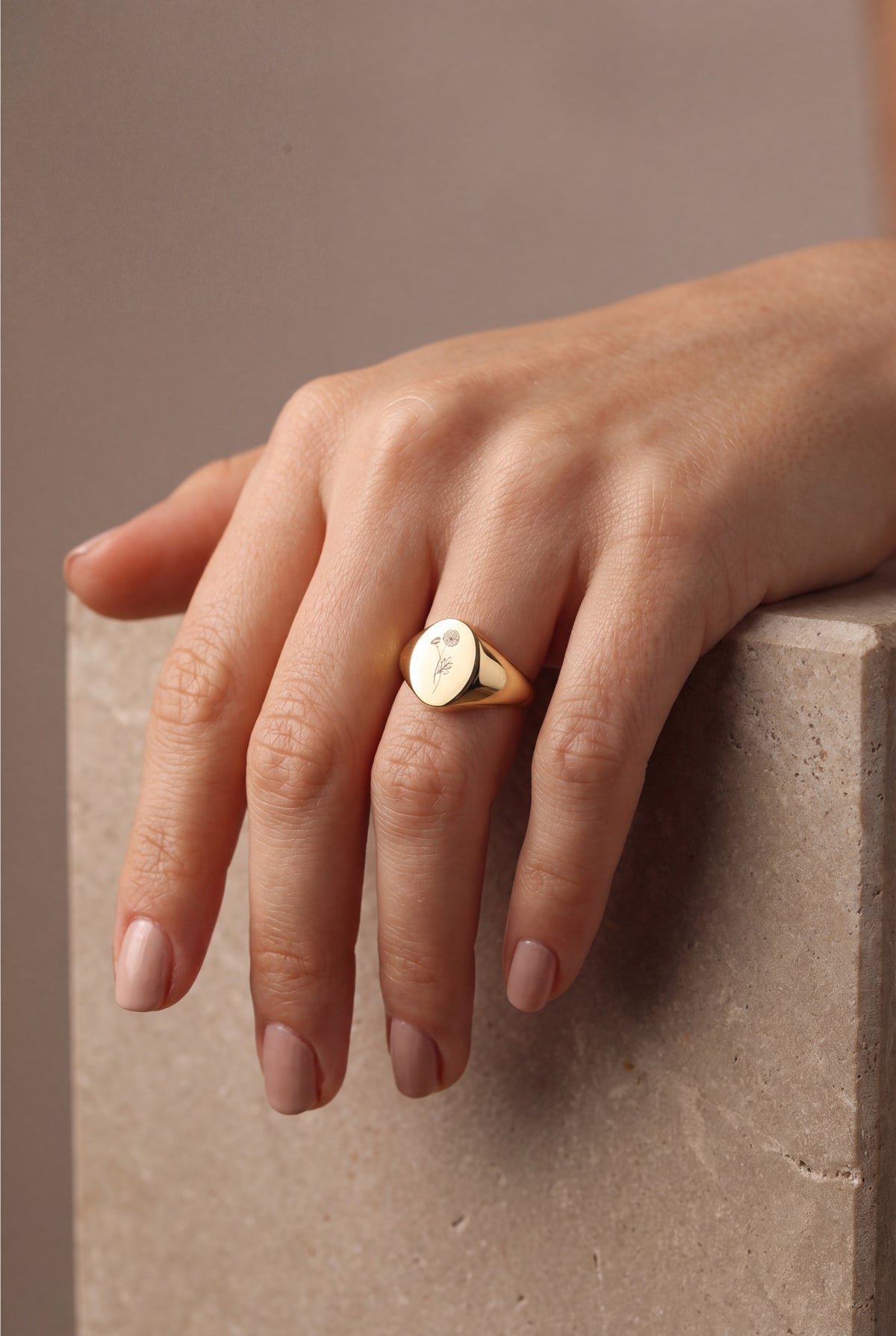 Flower Engraved Oval Signet Ring – on model, second view
