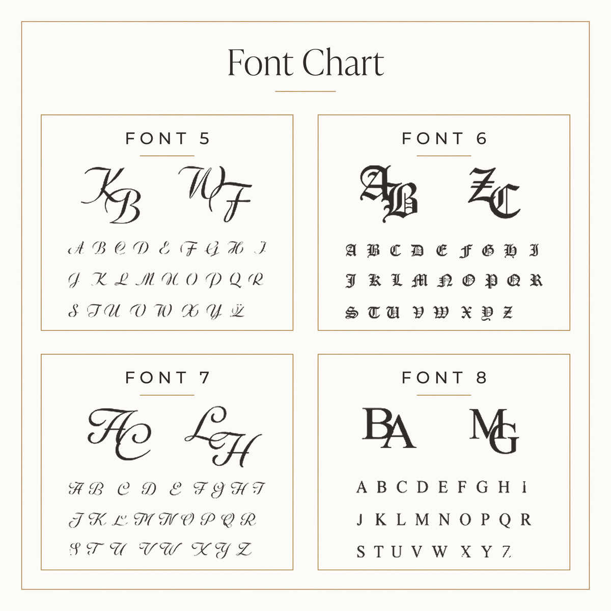 Font chart: monogram examples and uppercase alphabets in Font 5, Font 6, Font 7 and Font 8