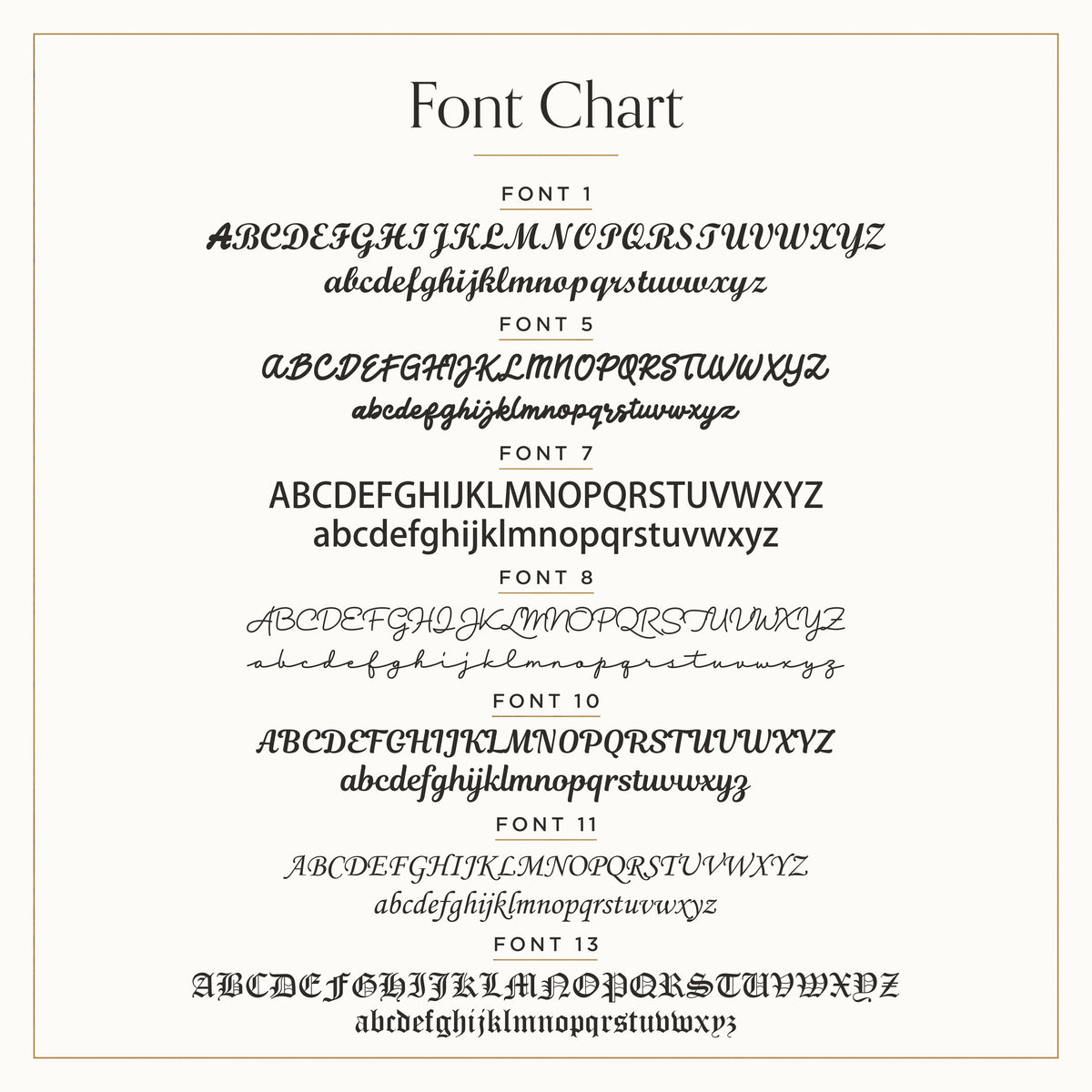 Font chart: lettering styles Font 1, Font 5, Font 7, Font 8, Font 10, Font 11 and Font 13