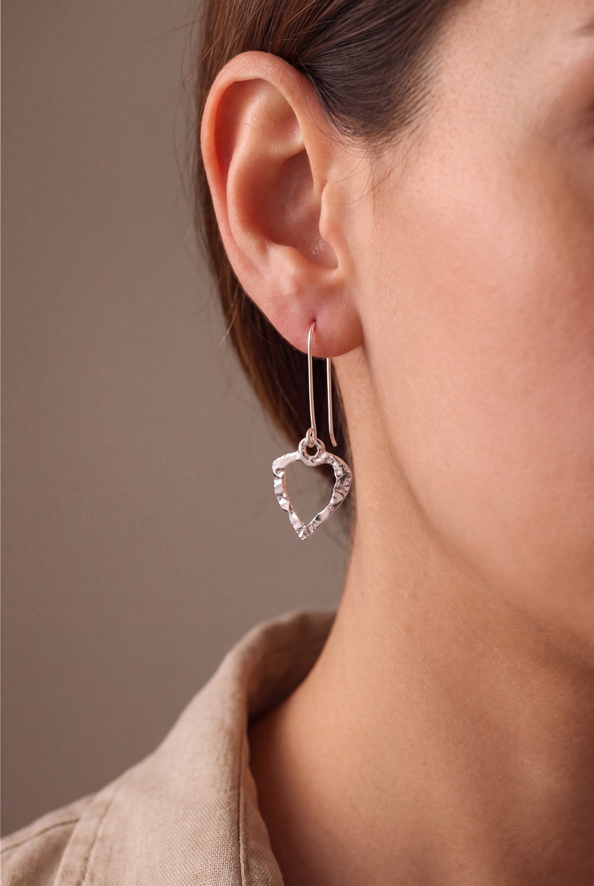 Hammered Open Heart Drop Earrings – on model