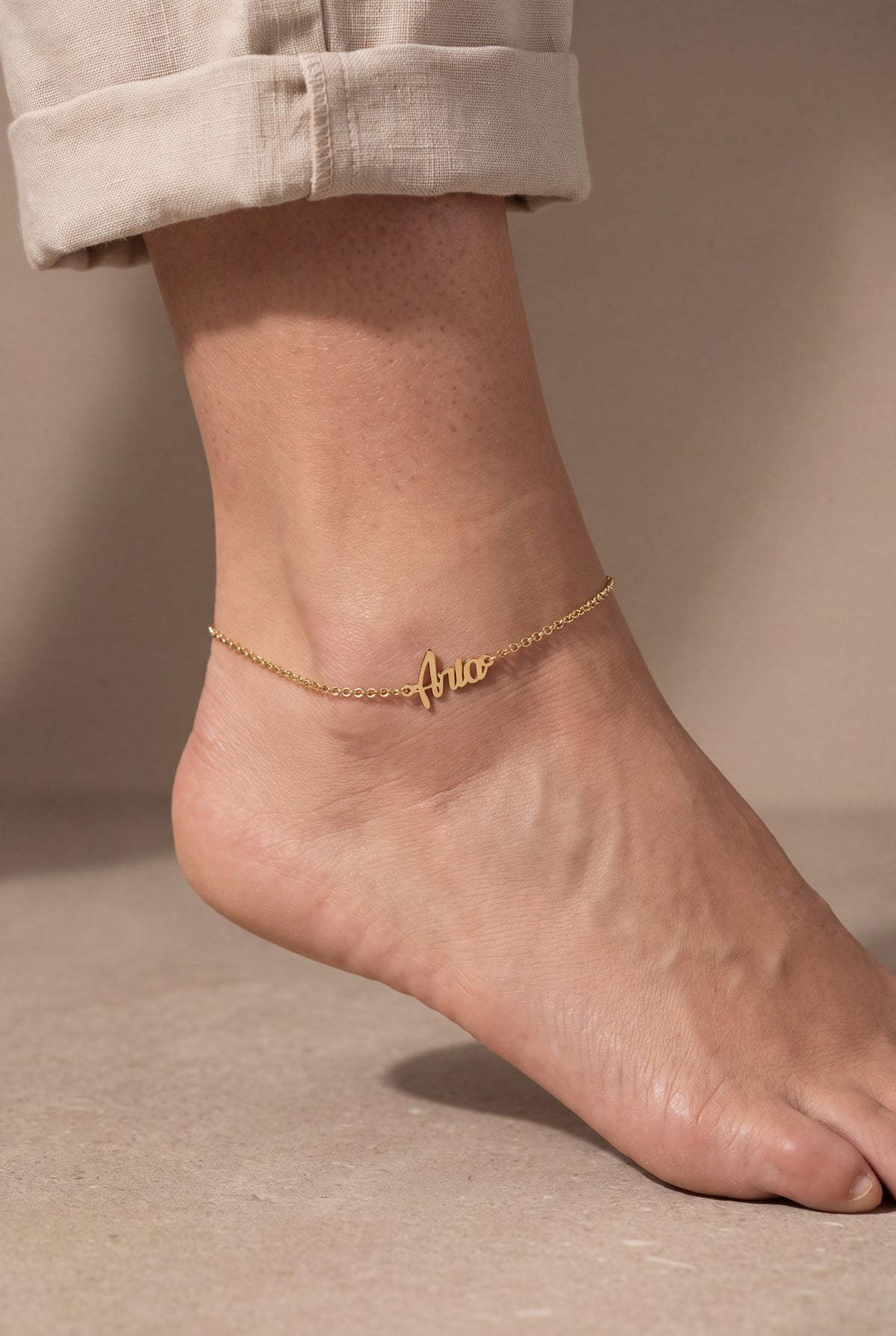 Handwritten Name Anklet – on model
