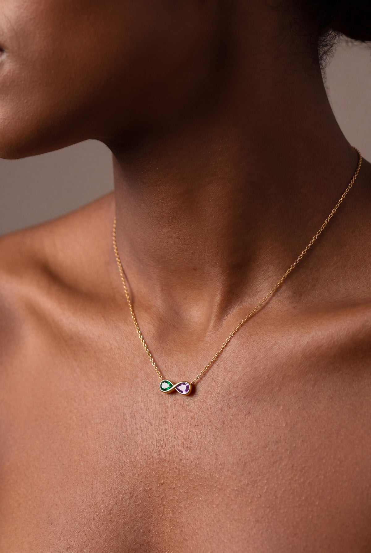 Infinity Birthstone Necklace – on model, second view