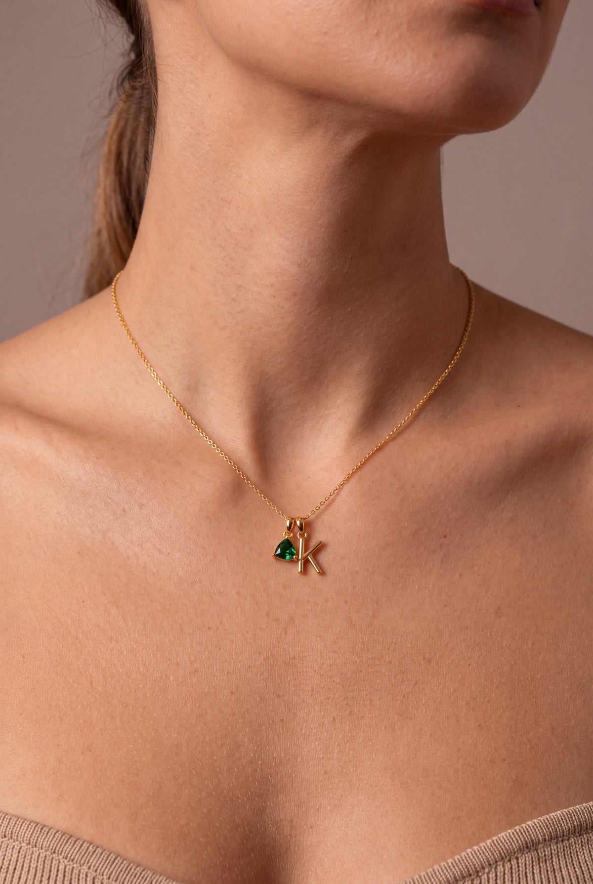 Initial & Trillion Birthstone Charm Necklace – on model