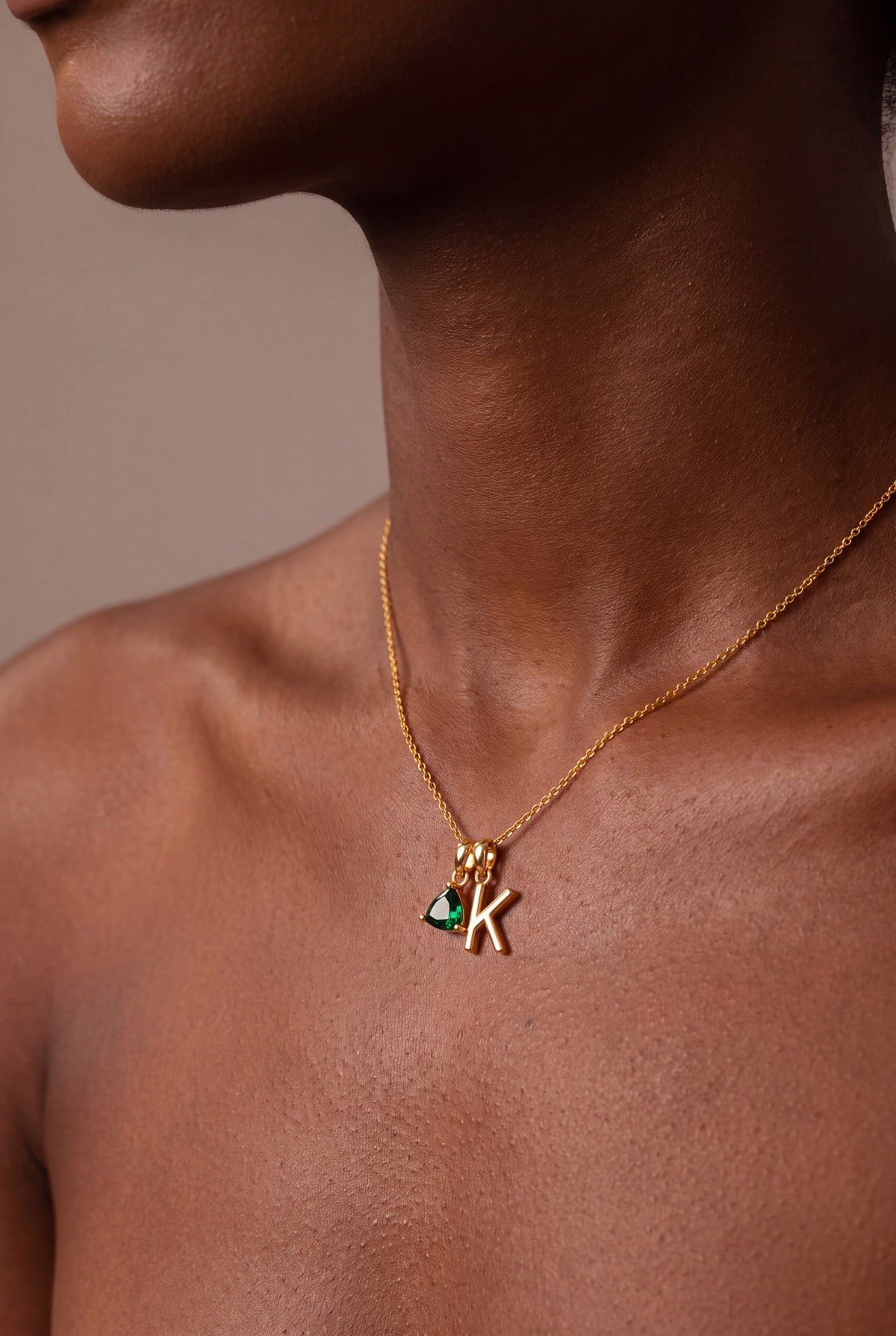 Initial & Trillion Birthstone Charm Necklace – on model, second view