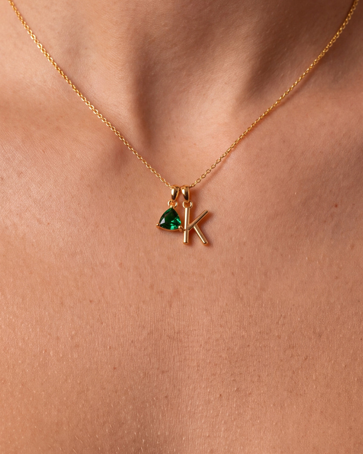 Initial & Trillion Birthstone Charm Necklace – close-up