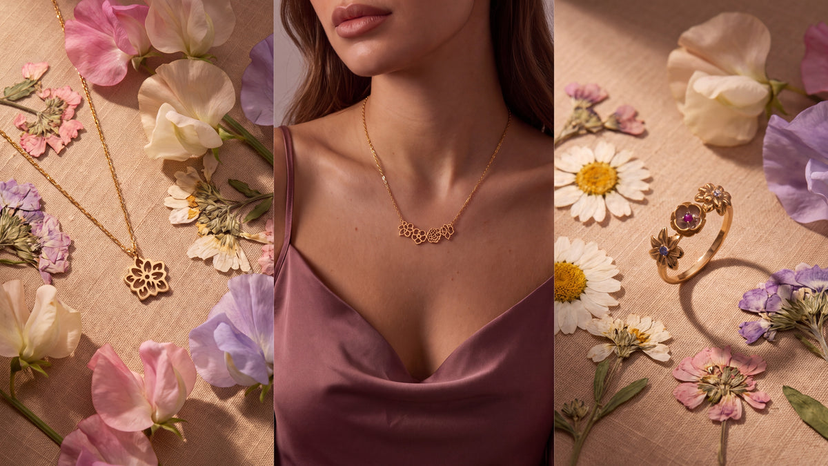 Birth Flower Jewelry – three of our pieces styled and worn