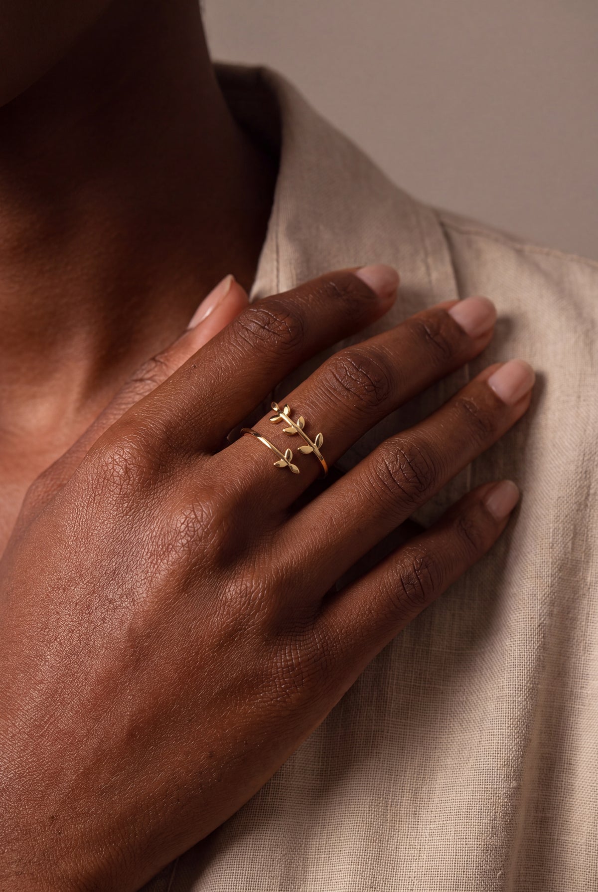 Leaf Branch Wrap Ring – on model, second view