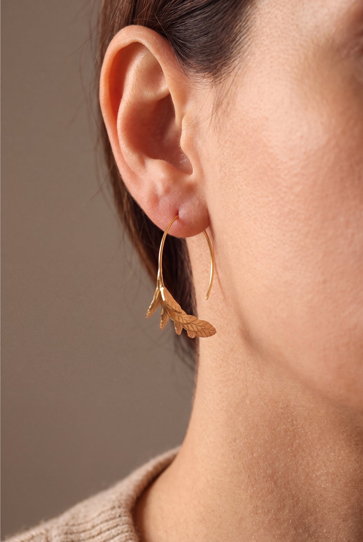 Leaf Sprig Hoop Earrings – on model, second view