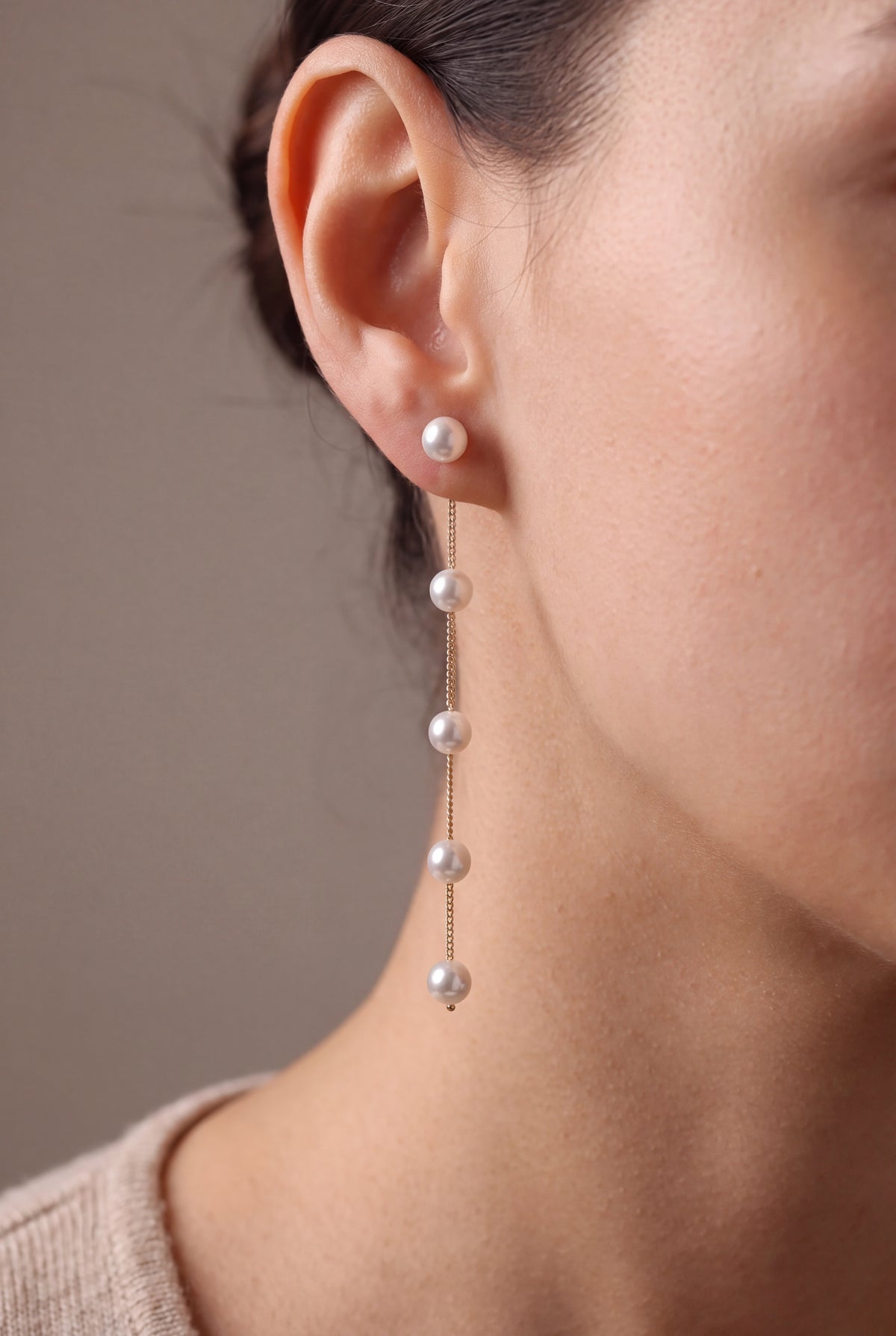 Long Pearl Chain Drop Earrings – on model, second view
