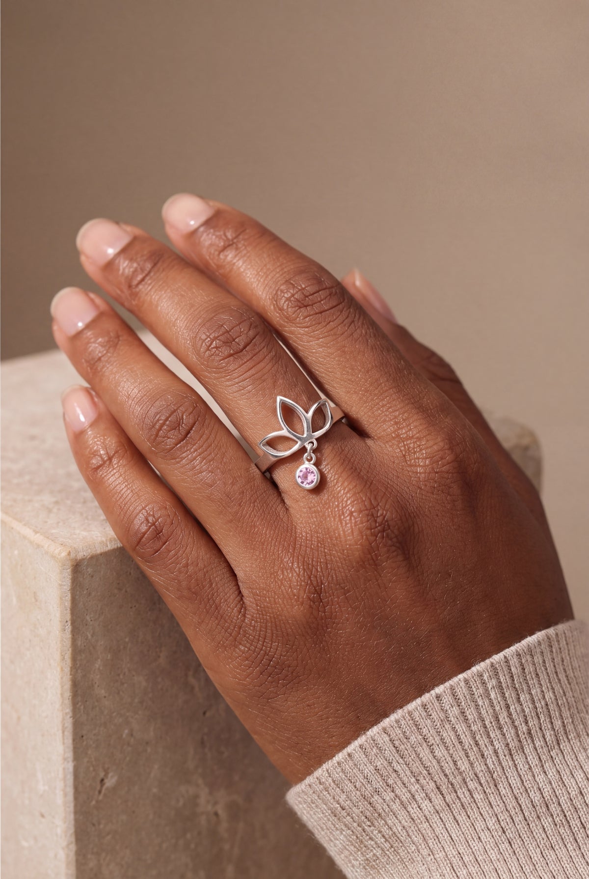 Lotus Ring with Dangling Stone – on model