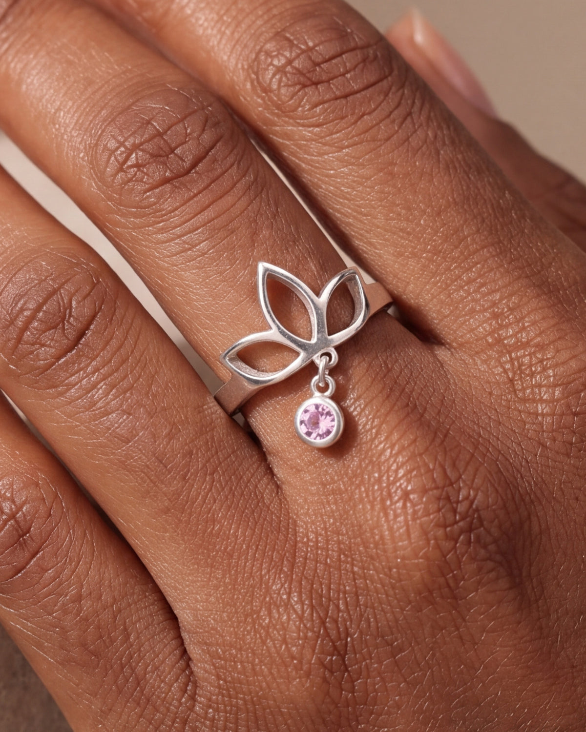 Lotus Ring with Dangling Stone – close-up