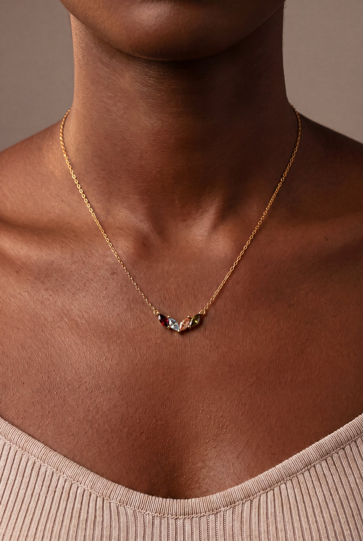 Marquise Birthstone Leaf Necklace – on model, second view