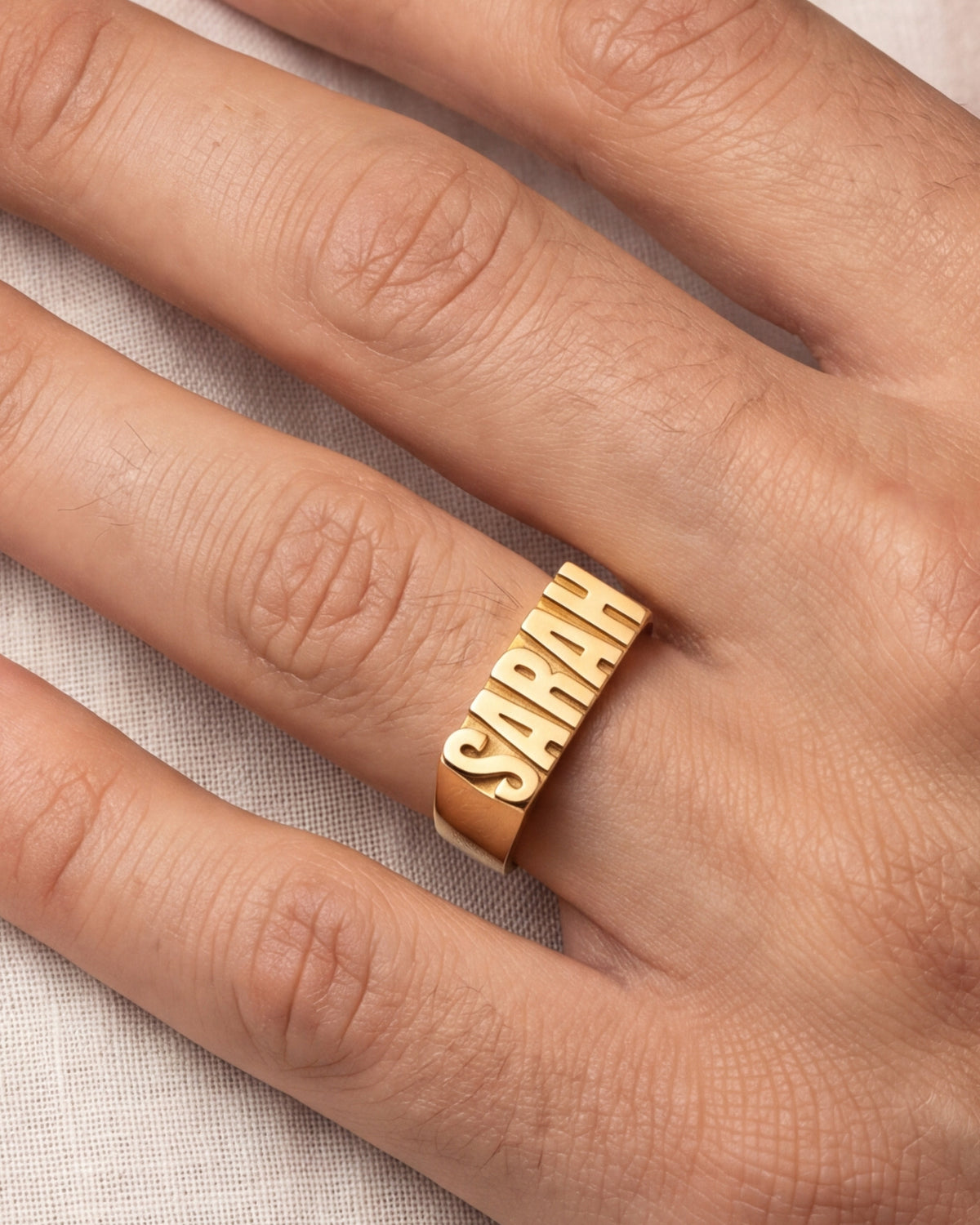 Men's Bold Block Letter Name Ring – close-up