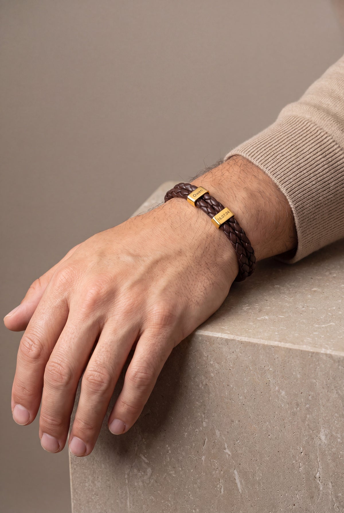 Men's Braided Leather Bracelet with Engraved Sliders – on model, second view