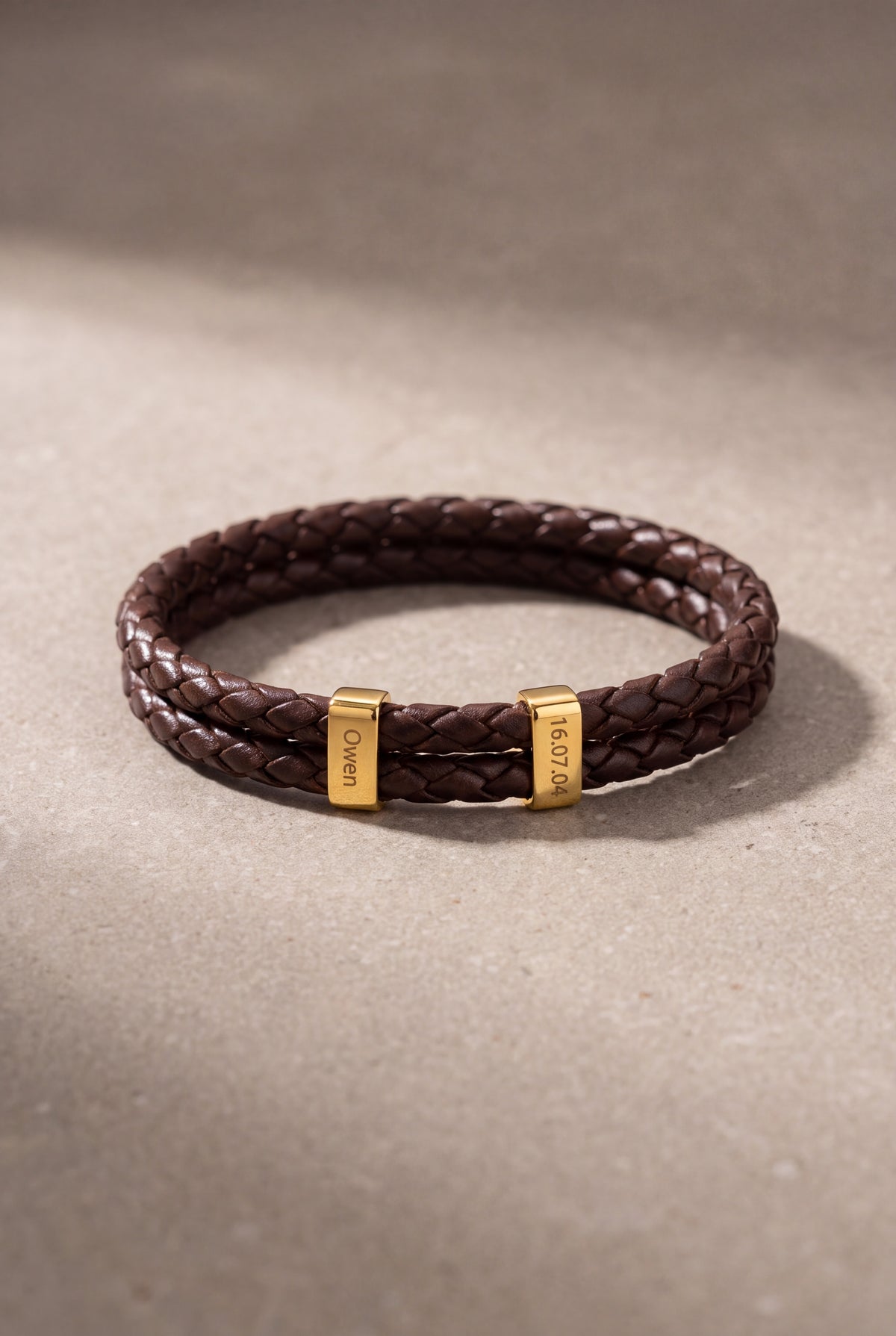 Men's Braided Leather Bracelet with Engraved Sliders – product detail