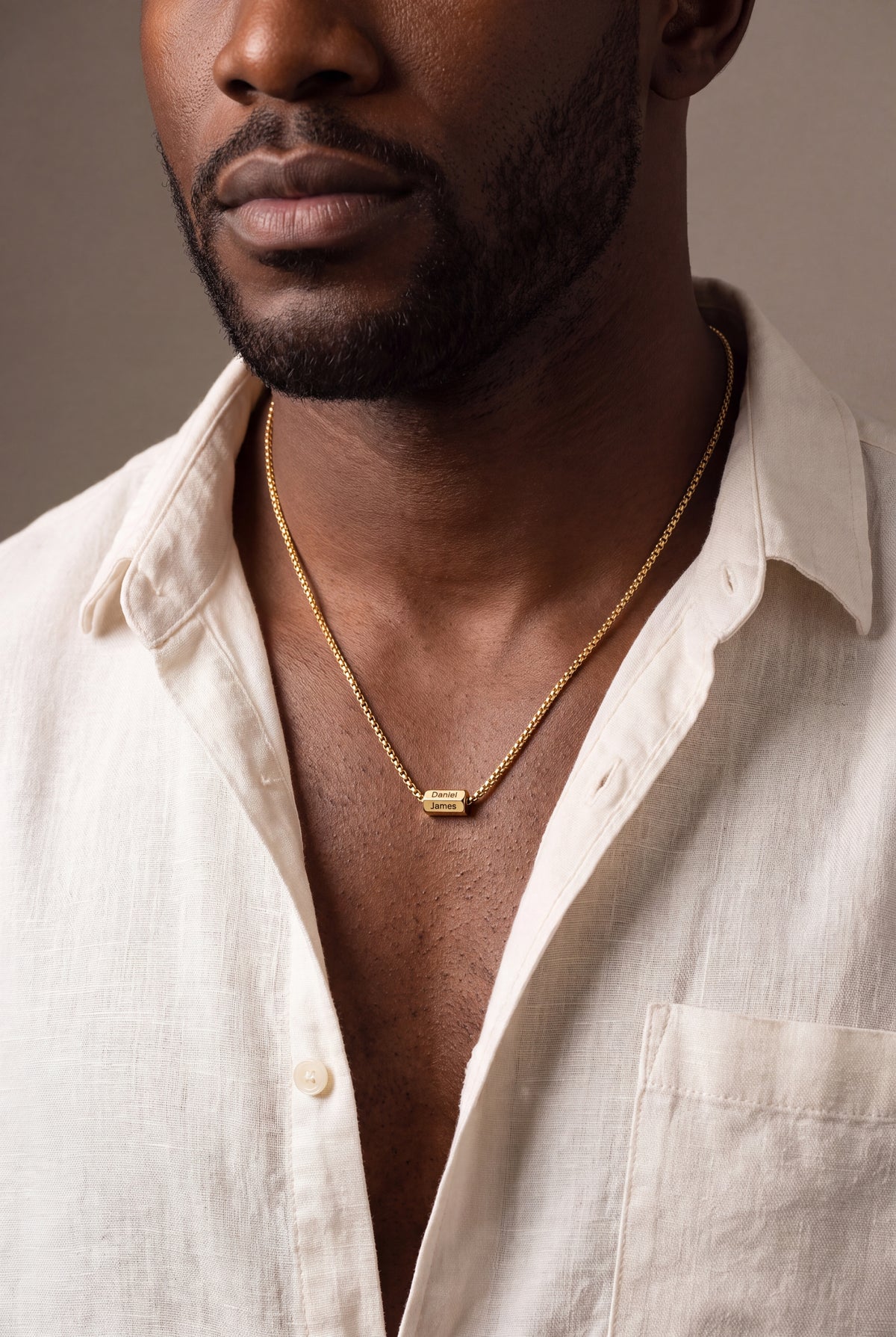 Men's Engraved Bar Bead Necklace – on model