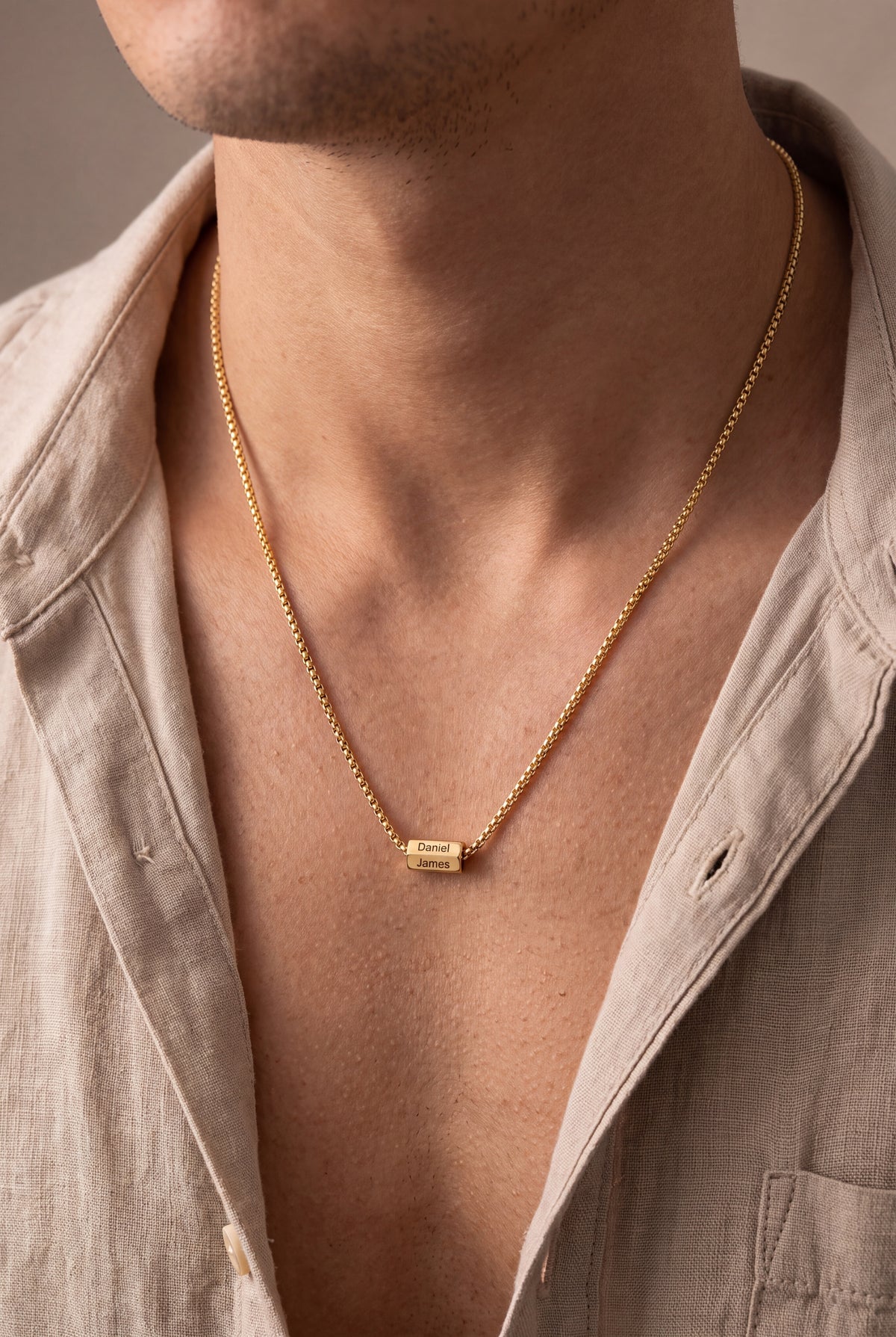 Men's Engraved Bar Bead Necklace – on model, second view