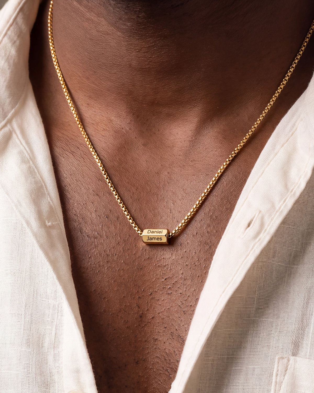 Men's Engraved Bar Bead Necklace – close-up