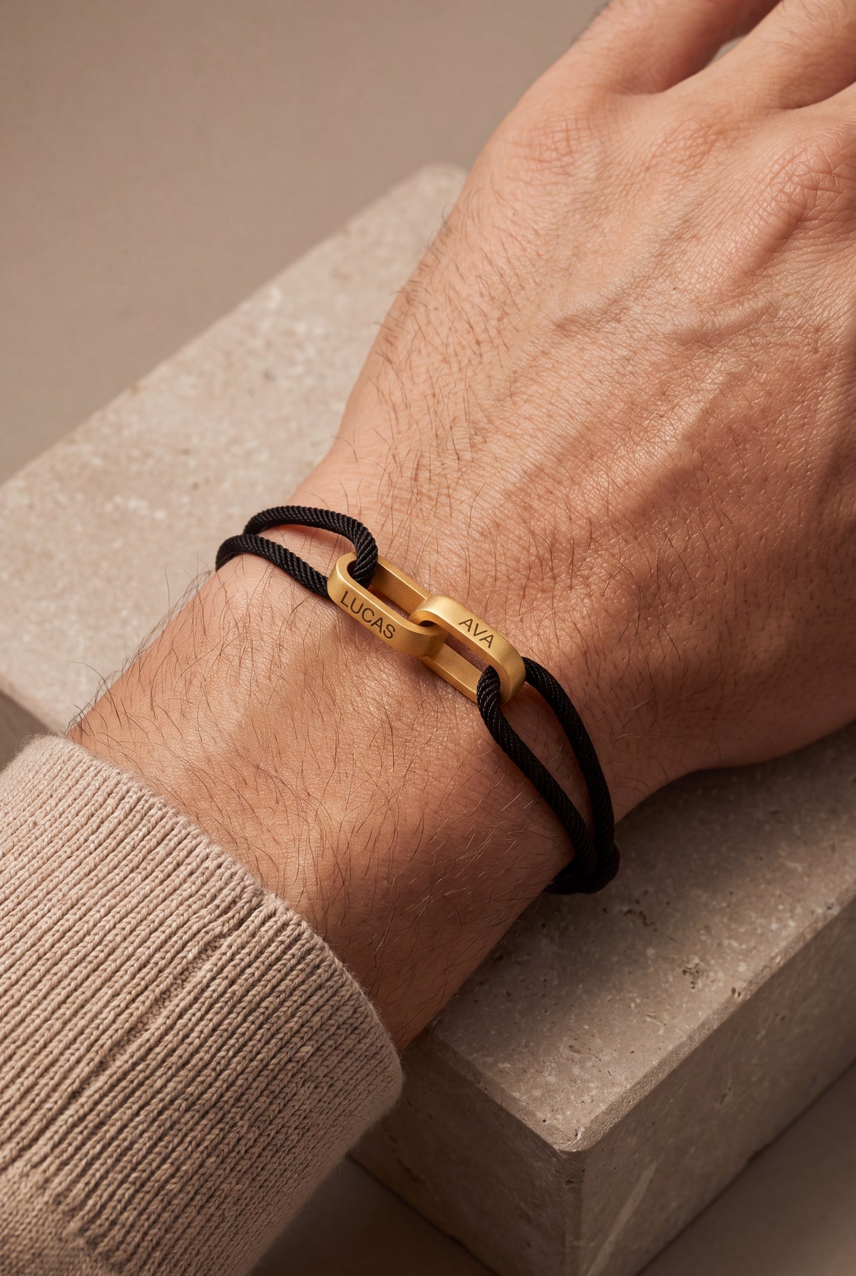 Men's Engraved Link Cord Bracelet – on model, second view