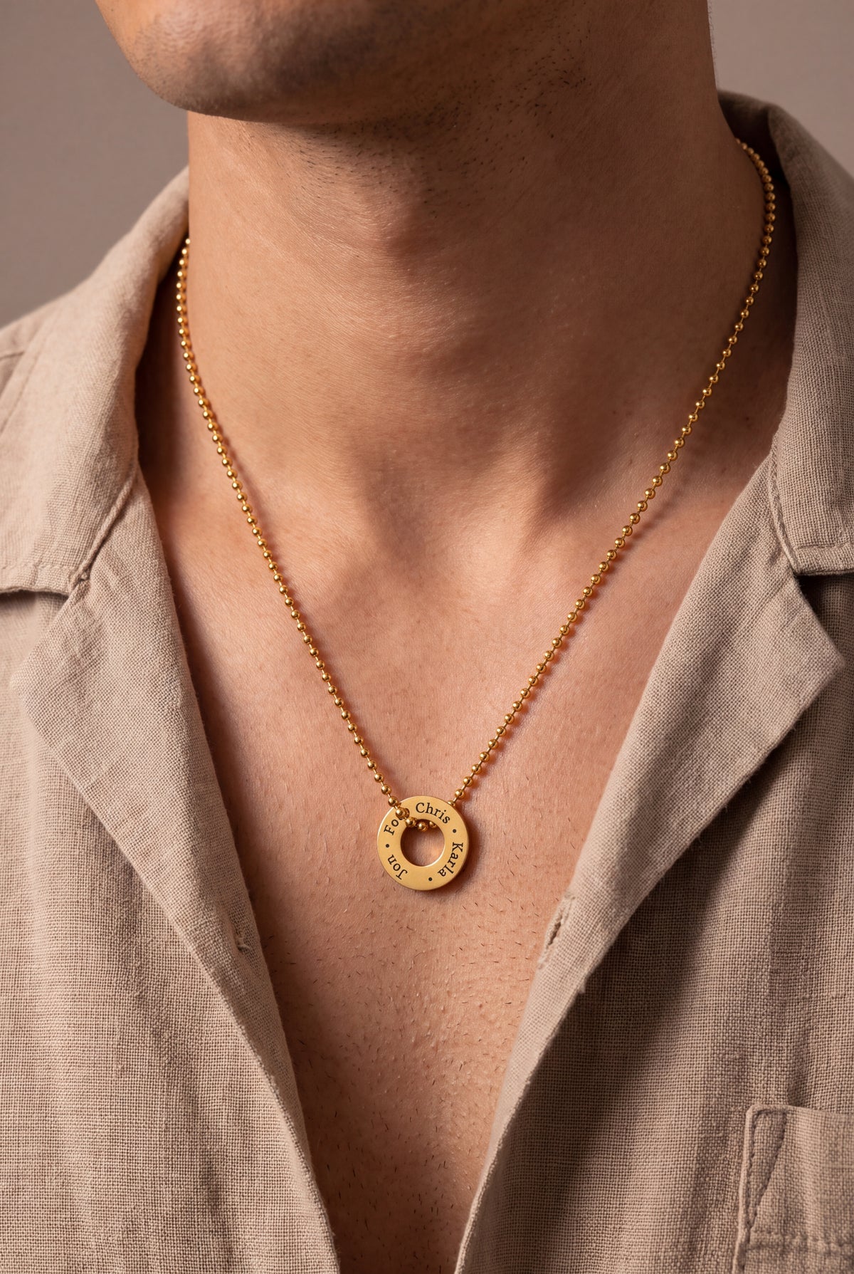 Men's Engraved Washer Necklace – on model, second view