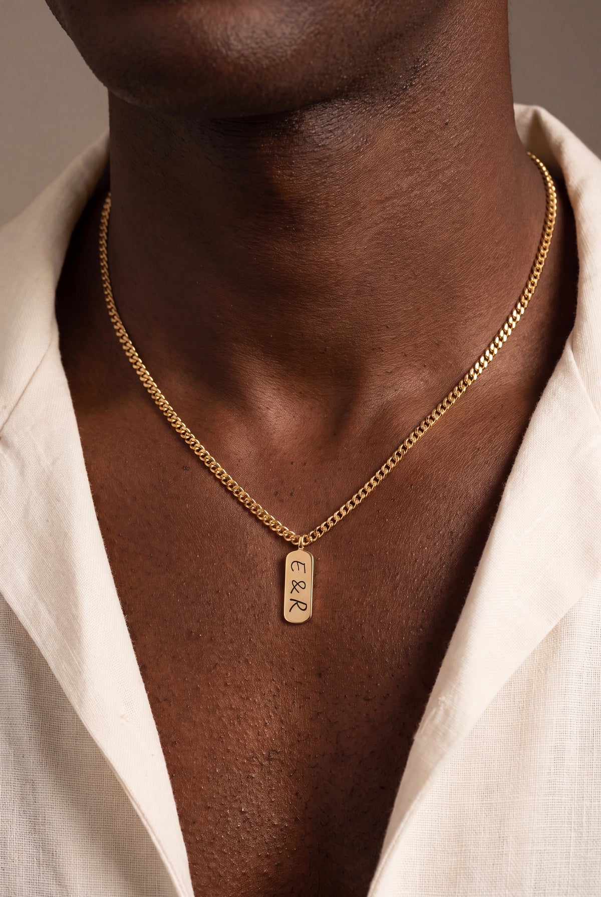 Men's Handwriting Initials Tag Necklace – on model, second view